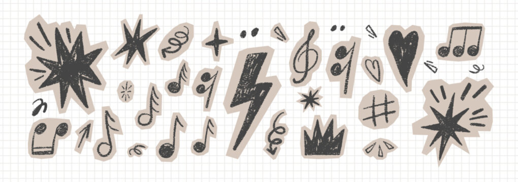 Hand-drawn music notes and rock elements with crayon texture. Punk doodle stickers featuring lightning bolts and hearts for scrapbook and collage project. Black vector illustration.