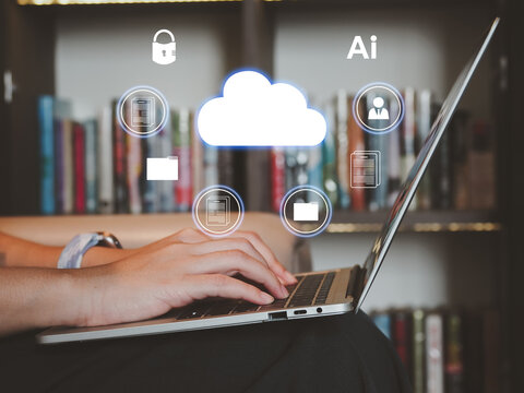 Cloud computing, access to digital files, secure account systems with lock keys, artificial intelligence, online storage technology, the internet, networks, document data uploading and downloading.