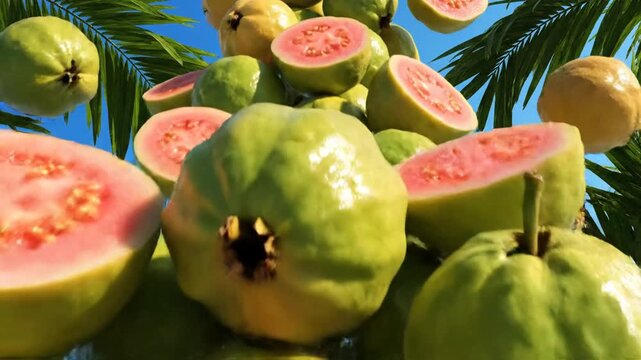 Fresh guava fruits floating against blue sky with palm fronds