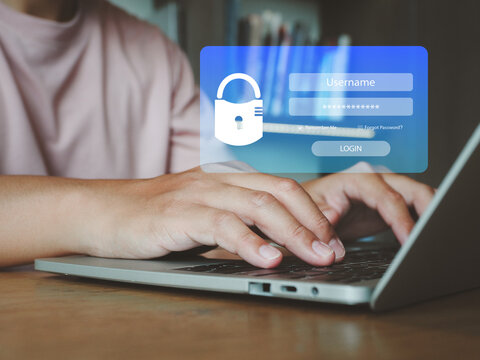 Computer security login screen with hands typing on laptop, online account access and password protection concept