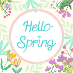 Obraz premium Hello spring, Summer time, Happy Easter, decorated modern style card, banner. Bunnies, flowers and basket. Colorful minimalist design