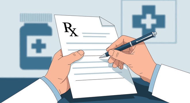 A doctor's hand is shown writing a prescription, symbolizing the provision of medical treatment and care. This is a clean and clear Flat Design illustration of a common medical action.
