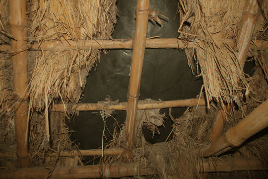 Underneath View of a Damaged Thatch Roof with Exposed Plastic Sheet and Bamboo Support
