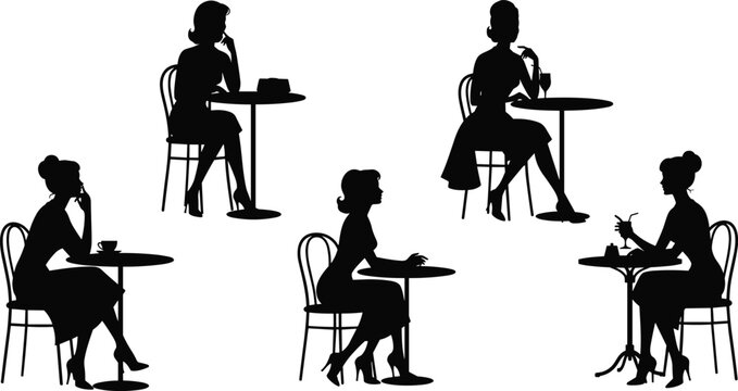 Women sitting in cafe silhouettes set, female characters drinking coffee and chatting, lifestyle social scene, elegant black vector illustration