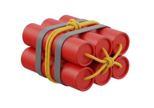 A bundle of dynamite sticks with yellow and gray cords