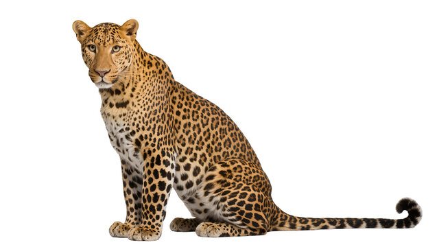 Isolated powerful leopard, a majestic wild big cat, sitting still and looking at camera