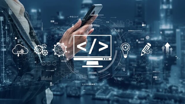 Modern web development concept featuring coding symbols, web development process, web development interface, and web development tools with futuristic design. Muxer