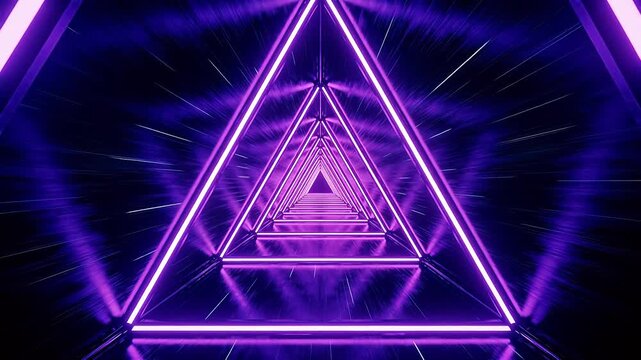 Triangular neon tunnel with purple lights extending into darkness