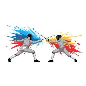 Fencers clashing with vibrant paint splashes, dynamic action, sports illustration