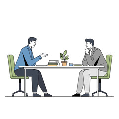 Fototapeta premium Business meeting illustration: two men discussing at a table with books and plant