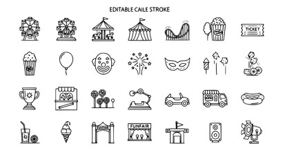 Funfair Amusement Park Line Icon Set Editable Stroke Carnival Festival Vector Pack © Mdsabbir
