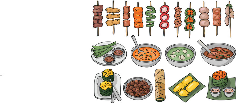 Asian street food set with meat skewers, spring rolls, curry and satay, vector illustration collection