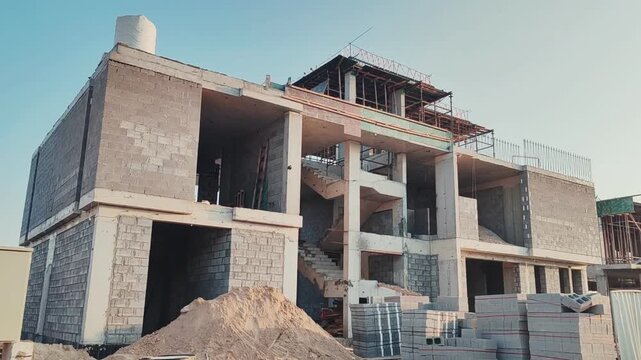 Under construction residential villas House process of being built, showcasing structural framework, raw materials, and partially completed architectural elements. Modern housing 02 Story villa's.