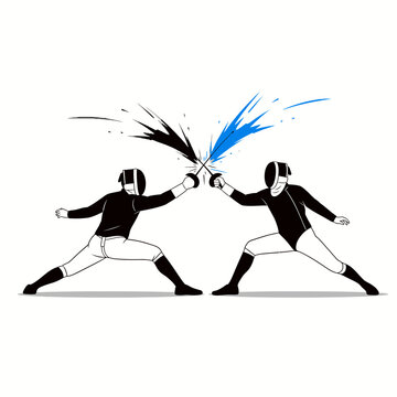 Fencing duel, two athletes clashing swords with black and blue ink splashes