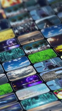 Multiple video thumbnails displaying diverse content on a technology screen grid