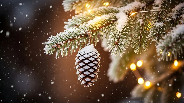 Snow covered pine cone hanging from a christmas tree branch with lights