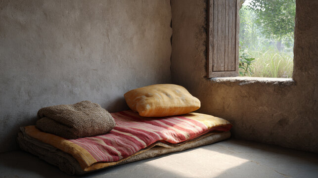 Simple bedding in ashram arrangement with colorful blankets and pillows on a straw mat beside a window, allowing natural light to illuminate the rustic interior