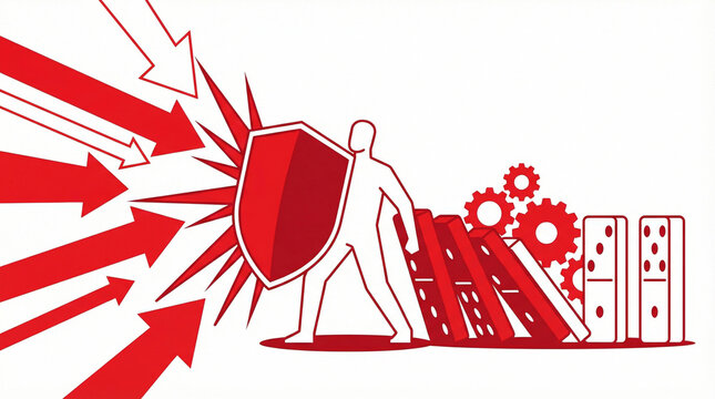 Unwavering Defense: An illustration of a determined figure with a shield repelling a barrage of oncoming threats, symbolizing resilience and protection. 