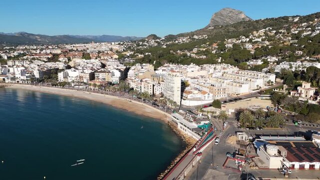 Aerial drone footage of javea town coastline in alicante spain