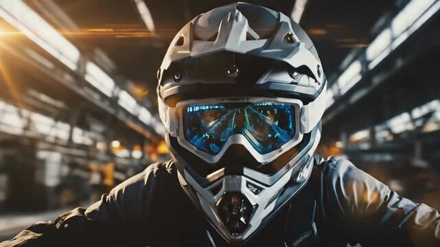Person wearing extreme sports helmet and goggles in industrial setting