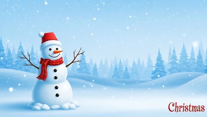 Fototapeta premium Snowman in winter landscape with falling snow and evergreen trees