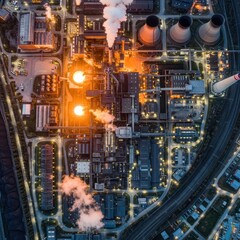 Fototapeta premium Aerial View of Industrial Power Plant at Night.
