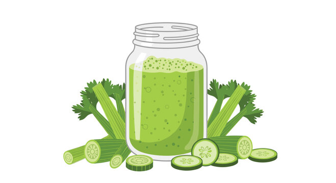 A clear glass mason jar filled with bubbly green celery juice is flanked by fresh celery stalks and several sliced cucumber rounds on a white background.