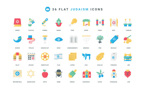 Judaism religion, synagogue and Torah scroll, holiday for Jews color icon set. Lion and mezuzah, Siddur book and rabbi portrait, Tzedakah charity, Chai symbol flat elements vector illustration