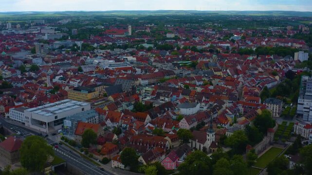 Aerial view of the old town of the city Schweinfurt in Germany, Bavaria on a late spring afternoon