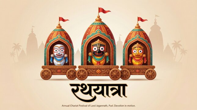 Jagannath rath yatra illustration with three chariots carrying sacred deities in traditional style for indian festival greeting design cultural celebration and spiritual promotion use