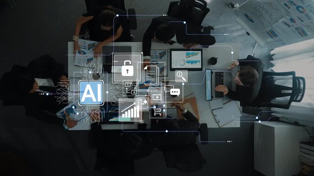 High-Tech Business Meeting with AI Integration and Data Analysis Illustration, Showcasing Innovative Ideas and Team Collaboration Among Professionals Gluon.