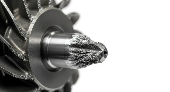 Extreme macro view of a damaged turbine impeller with visible wear and tear on blades