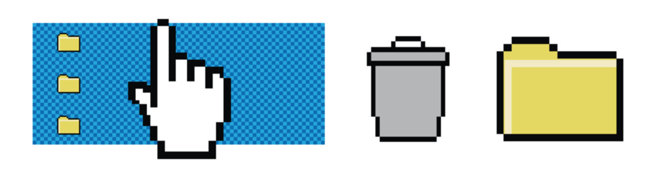 Retro pixel art computer interface icons featuring hand cursor pointer with yellow folders and trash bin