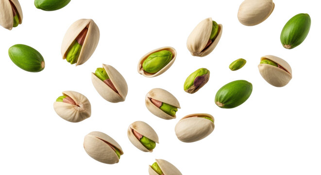 Multiple vibrant green pistachios, whole, cracked, and shelled, dynamically suspended mid-air against a pristine, bright studio background with soft lighting, concept of healthy natural snacking