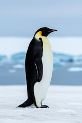 Fototapeta premium Emperor penguin standing on ice in Antarctica. Wildlife portrait of flightless seabird in natural habitat. Cold polar region environment and winter nature with ice and snow landscape.