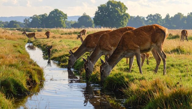 A serene landscape of deer drinking from a stream