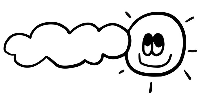 Hand drawn outline of sun and cloud for kid colouring book, day time, summer break, sticker, hot season, warm weather, temperature, earth, environment, nature, garden, outdoor, playtime, cartoon	
