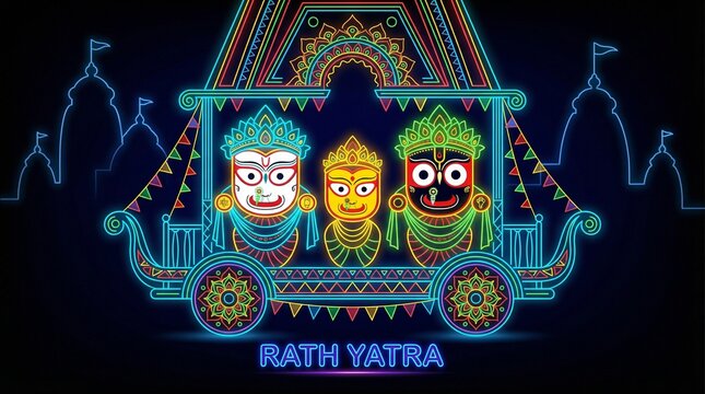 Rath yatra neon style chariot illustration with jagannath balabhadra subhadra glowing in dark background for indian festival poster modern cultural artwork and vibrant event promotion