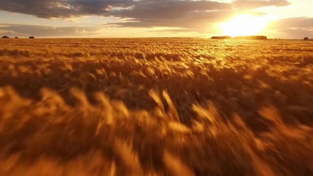 Golden wheat field swaying in the wind during a vibrant sunset captured in smooth low angle motion video clip for agricultural and nature themed projects