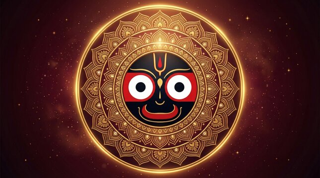 Jagannath mandala sacred art with intricate golden circular pattern and glowing aura in cosmic background for indian spiritual festival design meditation artwork and premium branding use