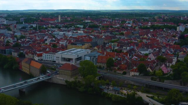 Aerial view of the old town of the city Schweinfurt in Germany, Bavaria on a late spring afternoon