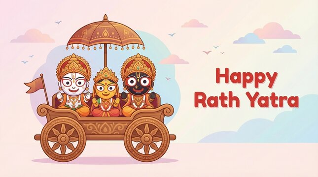 Rath yatra traditional chariot illustration with jagannath balabhadra subhadra seated under umbrella in festive sky background for indian cultural greeting design devotional artwork use