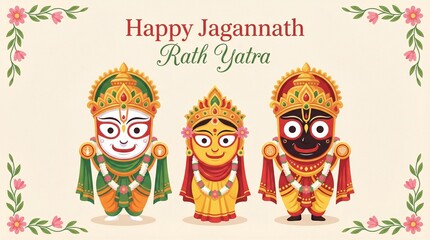 Fototapeta premium Jagannath rath yatra festive character illustration with colorful floral decorated deities in traditional attire for indian cultural celebration greeting design devotional artwork and branding use