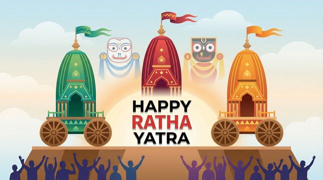Rath yatra festival celebration scene with colorful chariots and cheering crowd silhouettes in bright sky background for indian cultural event promotion design and devotional artwork use