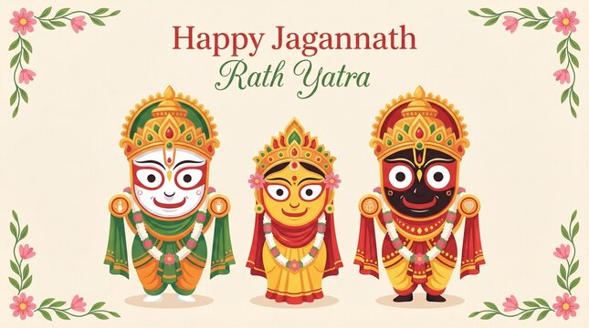 Jagannath rath yatra festive character illustration with colorful floral decorated deities in traditional attire for indian cultural celebration greeting design devotional artwork and branding use