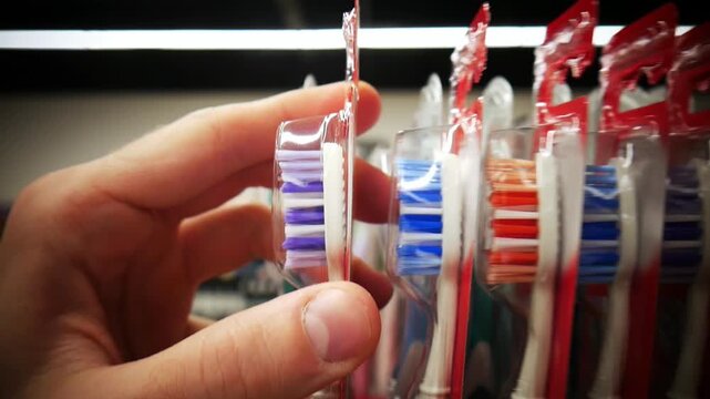 Close-up of a hand taking a tooth brush from a retail display