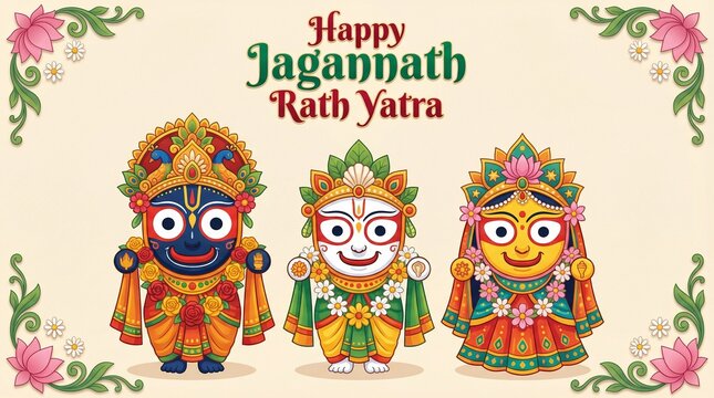 Rath yatra joyful illustration with jagannath balabhadra subhadra riding decorated chariot under umbrella in sky background for indian festival greeting design devotional artwork use
