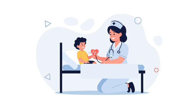 Nurse checks child's heart rate in hospital bed, cartoon style, medical care concept