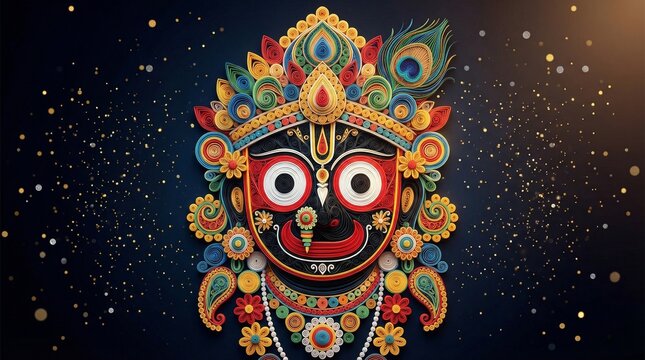 Jagannath floral decorated idol portrait with vibrant ornaments and festive background glowing spiritual aura for indian religious festival design devotional branding and celebration use