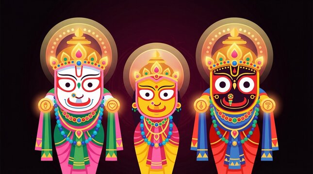 Jagannath balabhadra subhadra minimal style deity illustration with glowing aura in dark background for indian festival design modern devotional artwork and cultural branding use